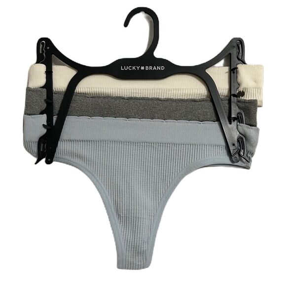 Lucky Brand Thong Women Small 3 pk Ivory Gray Blue Solid Stretch Ribd Comfy NWOT - Picture 1 of 5